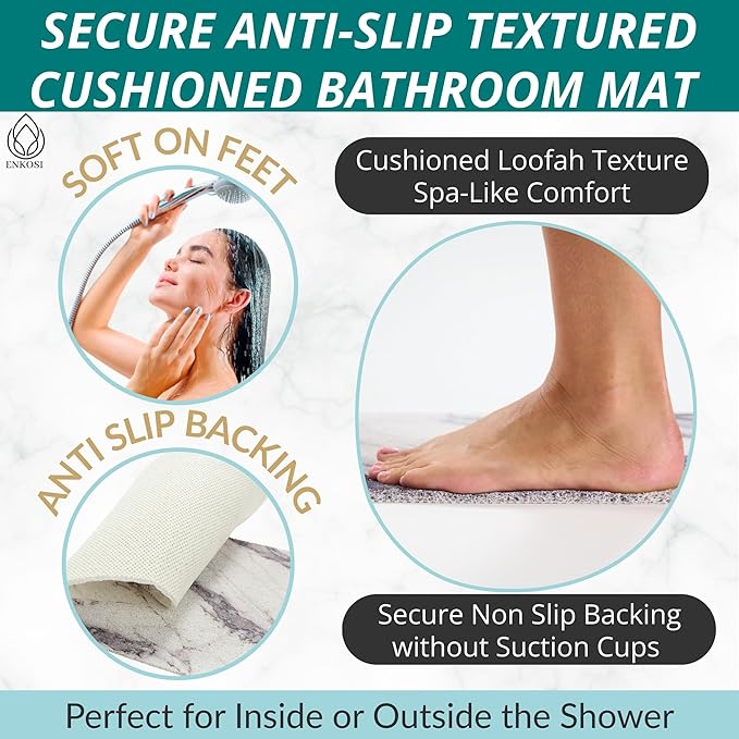 Anti Slip Shower Mat - Non Slip Shower Mats for Inside Shower - Large 47x24 Loofah Shower Floor Mat Non Slip - Bath Mat for Shower - Secure Mat Without Suction Cups (47x24 Marble Grey)