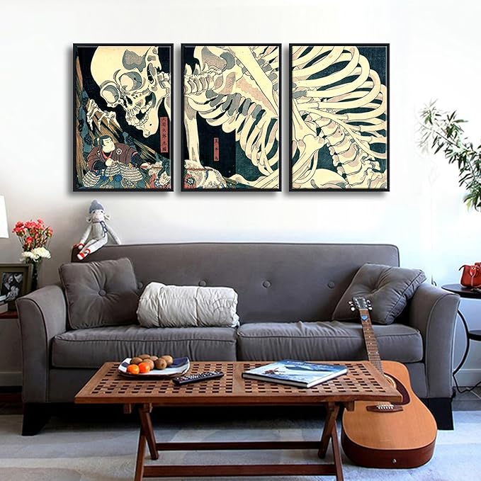 Wieco Art Black Framed 3 Piece Witch and Skeleton Ukiyo-E by Utagawa Takiyasha Historic Cultural Illustrations for Living Room Bedroom Home Decorations Artwork