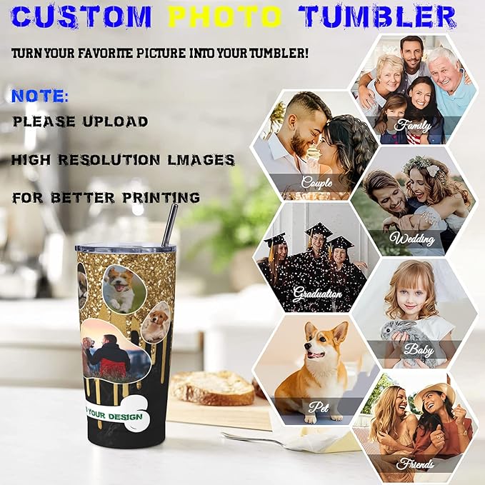 Personalized Custom tumbler Coffee Mug with Lid and Straw Hot and Cold Stainless Steel Vacuum Insulated Travel Mug with Photo Personalized tumbler Gift (20 oz, Cylinder, 8 photos)