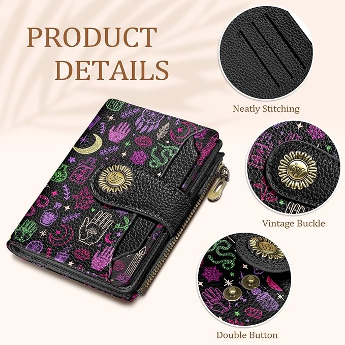 Goth Gothic Small Wallet Women RFID Blocking Bifold, Credit Card Holder, Zipper Coin Pocket, PU Leather, Magic Witchy, Compact, Travel, 4 ID Window, 14 Card Slots, Cash Purse, Ladies Woman