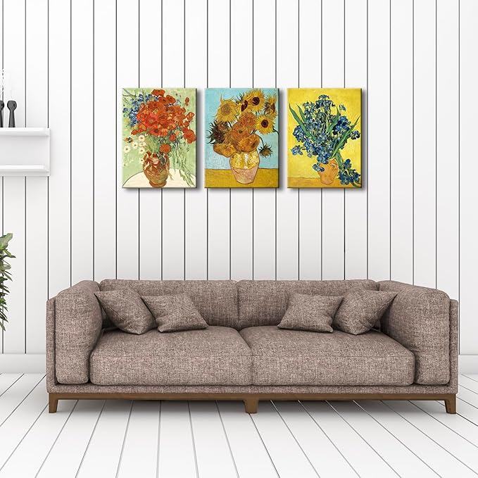 Wieco Art 3 Panels Canvas Prints of Vincent Van Gogh Paintings Reproduction Red Poppies and Daisies Sunflower Irises in Vase Canvas Wall Art for Living Room Home Office Decor
