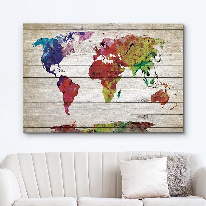 wall26 Canvas Print Wall Art Watercolor Style Rainbow Wood Panel World Map Architecture & Maps Cultural Illustrations Modern Art Traditional for Living Room, Bedroom, Office - 12"x18"