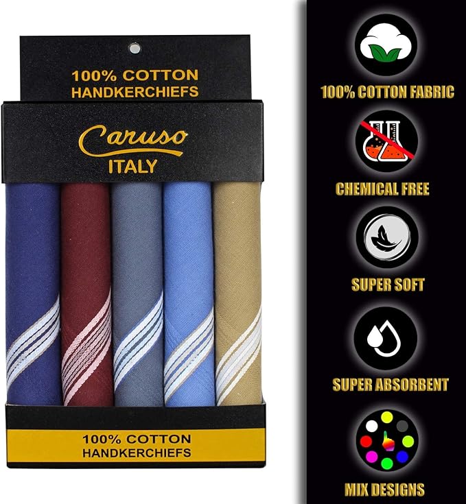 Caruso Italy Men's Premium 100% Pure Cotton Handkerchief Colored Border - (46x46 cm)