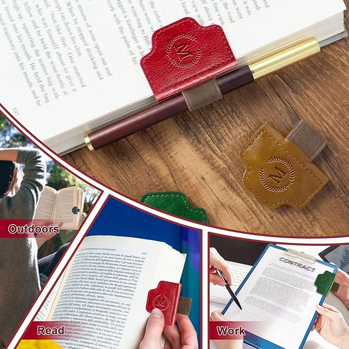 BygoneMark Magnetic Leather Bookmark with Pen Holder, Personalized Custom Initial Page Marker & Pen Clip, Professional Book Accessory for Students (Green-M)