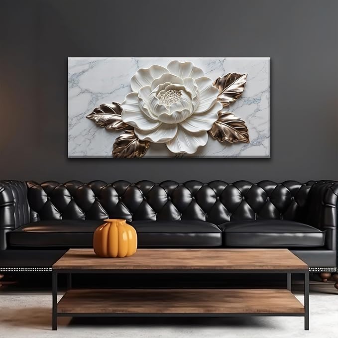 Suconvng Wall Art Living Room Marble Texture Wall Art Modern White Flower Canvas Art Wall Decor Home Wall Decor Suitable Pictures For Bedroom Apartment Office Can Be Hung 24" × 48"