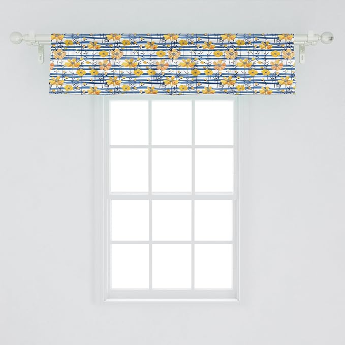 Ambesonne Floral Window Valance Pack of 2, Summer Inspired Expressionist Look Leafy Flower Garden with Stripes, Rod Pocket Curtain Valances for Kitchen Bedroom, 54" X 12", Mustard Cobalt Blue White