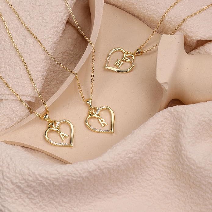 STORUP Valentines Gifts for Women Teen Girls - Heart Initial Necklaces for Women Girls, 14K-Gold-Plated CZ Initial A-Z Heart Necklaces for Teen Girl Jewelry Valentines Gifts for Her Mom Wife Sister