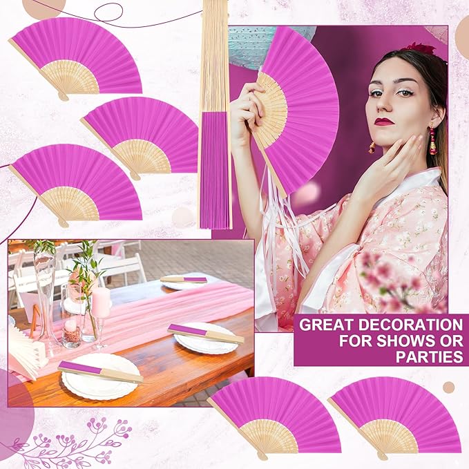 Yinkin 24 Pack Folding Fans Bamboo Handheld Folded Craft Hand Japanese Chinese Fans for Weddings Bridal Dancing Church DIY Decoration Women Gift Party Favors (Rose Red)