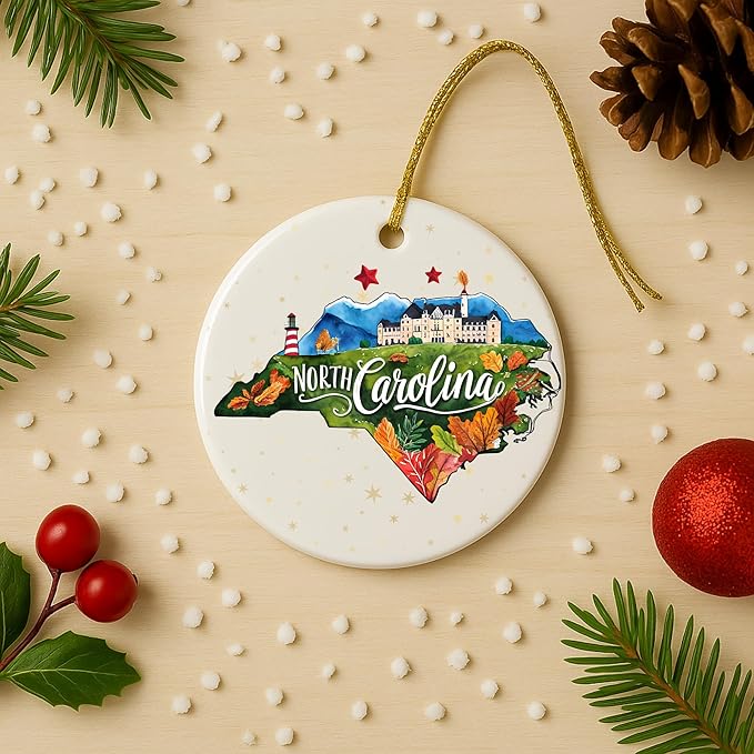 USA State Landmark Ceramic Ornament – Round Glossy Christmas Decoration Featuring U.S. State Art, Landmarks & Holiday Scenery – Collectible Travel Souvenir Ornament Series (North Carolina)