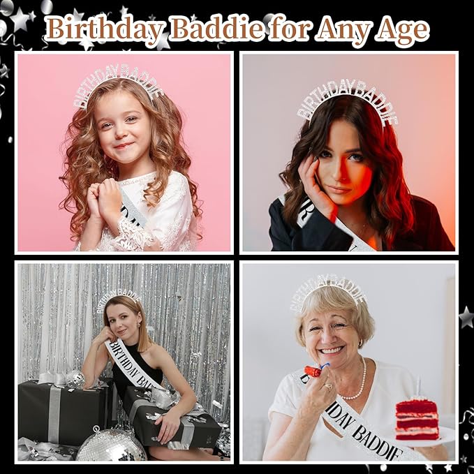 Canitor Birthday Baddie Sash Crown Set Birthday Party Favors Supplies Decorations & Accessories for Women Girl Men Adult Rhinestone Tiara Headband Soft Satin Sash