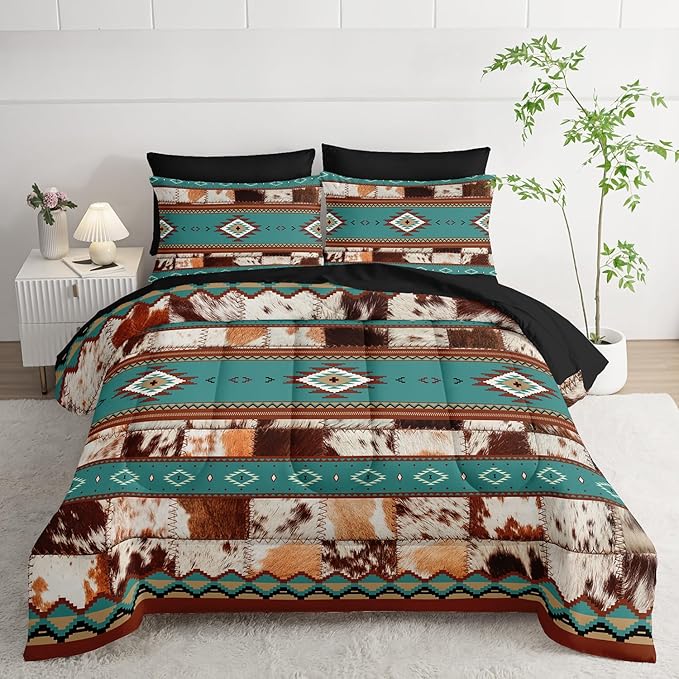 AILONEN Ethnic Cowhide Pattern Comforter Set Full,7-Piece Soft Bed in a Bag,Western Cow Fur Comforter & Fitted Sheet & Flat Sheet & 2 Pillowcases,2 Pillow Shams for Bedroom