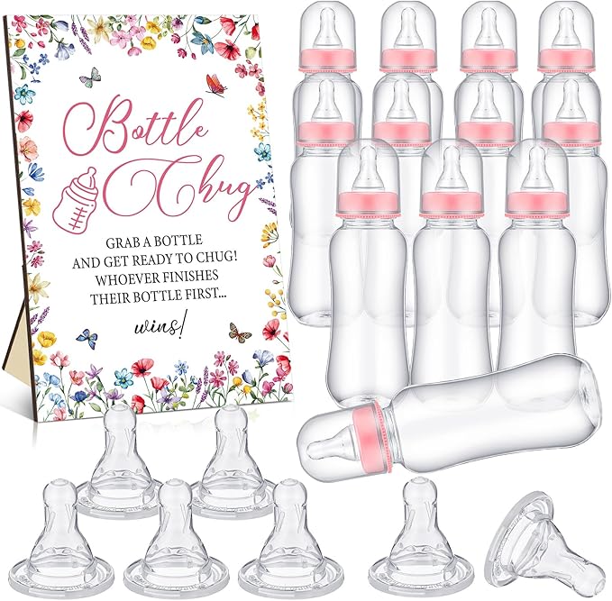 TrelaCo Wildflower Cool Baby Shower Games Wooden Bottle Chug Sign Wildflowers in Bloom Gift Sets and 12 Pcs Baby Bottle Shower Favor for Gender Reveal Games