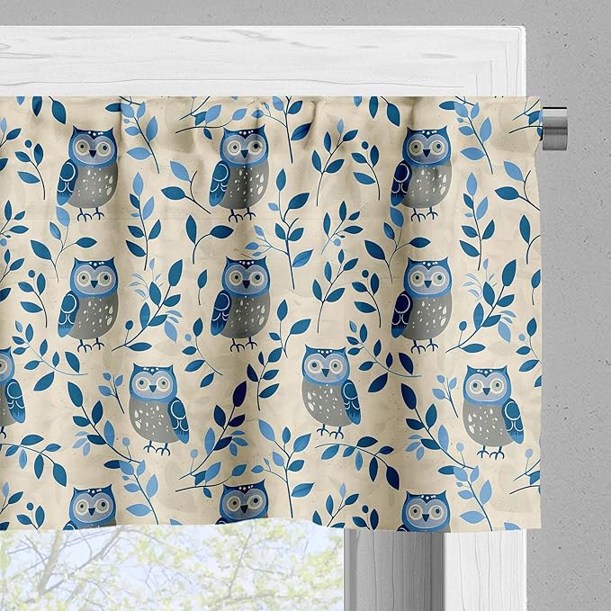 Ambesonne Owl Window Valance, Simple Design Classic Oriental Night Birds Pattern Leafy Ornaments Print, Curtain Valance for Kitchen Bedroom Decor with Rod Pocket, 42" x 18", Dark Night Blue and Beige