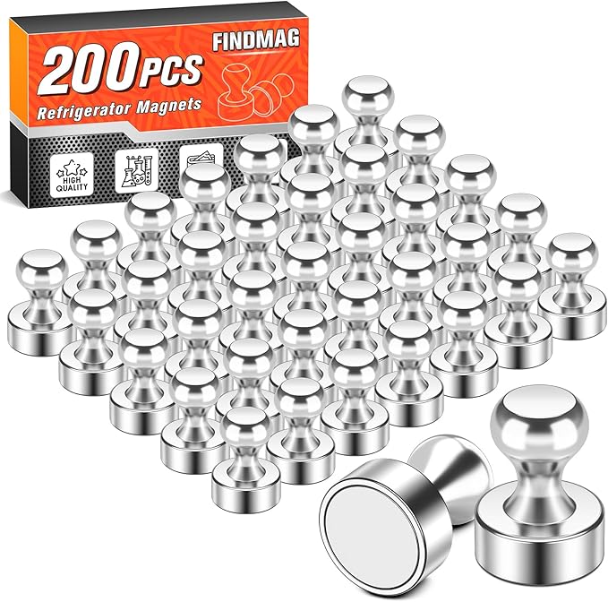 FINDMAG Refrigerator Magnets, 200Pcs Strong Neodymium Fridge Magnet, Cool White Board Magnets Set Adults, Heavy Duty Bulk Locker Magnet for Office, Kitchen, Home Decor, Map, Teacher Supplies (Silver)