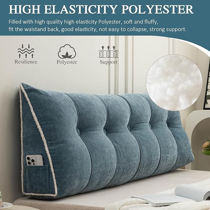 Headboard Pillow King, Chenille Triangular Wedge Pillow Headboard King Size, Reading Setting Backrest Daybed Pillows for Bed Sofa with Removable Cover, Blue