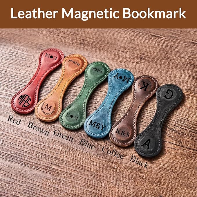 Custom Leather Magnetic Bookmarks Personalized Vintage Engraved Name Initials Text Book Marker Clips Customized Gifts for Readers Kids Book Lovers Classmate (Customizable)
