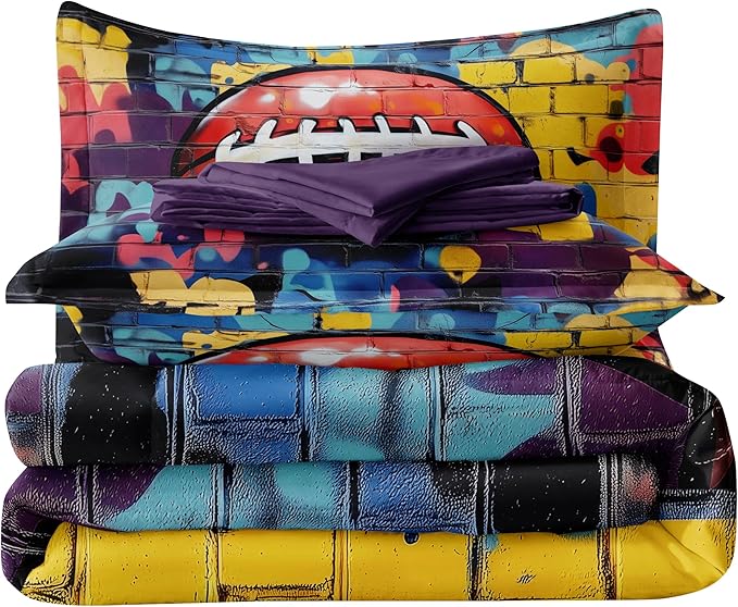 Helloosun 5PCS Football Comforter Set Full,Sports Bedding Sets for Boys,Full Comforter Sets for Boys,Football Bedding Set with Sheets
