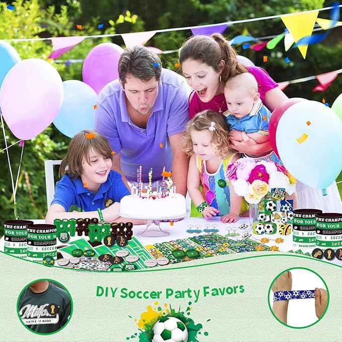 Soccer Party Favors 244 Pcs Soccer Birthday Party Decorations With Goodie Bags Wristbands Stickers Keychains Stamps Slap Bracelets Badges for Soccer Party Supplies (Soccer)