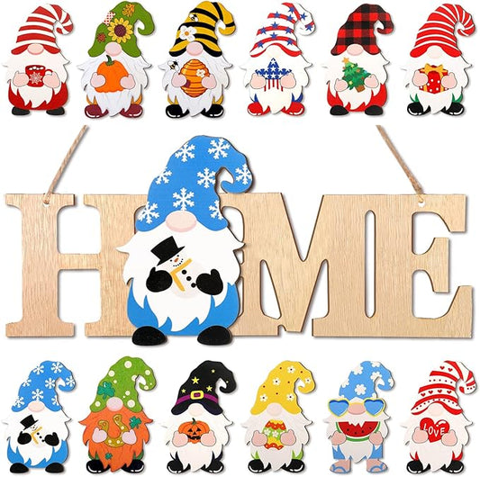 Yookeer 13 Pcs Interchangeable Gnome Home Sign Wood 3D Christmas Winter Seasonal Door Decor Rustic Farmhouse Home Decoration for Holiday Wall Decor Gift(Wood Color)