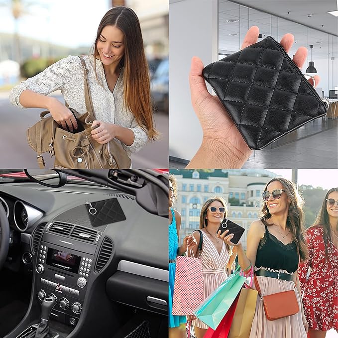 Real Leather Coin Purse with Rhombus Embroidery Zipper Keychain Mini Wallet for Women & Men (Black)