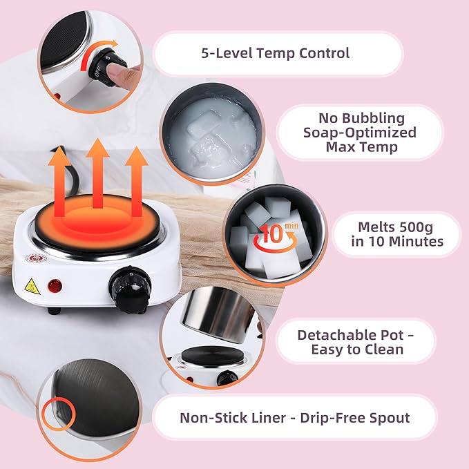Yosamio Deluxe Soap Making Kit with Exclusive Stamp & Removable Melter–40+Pcs DIY Supplies for Adults, Easy-Clean Pot, Shea Butter & Clear Bases, Essential Oils, Molds, Dyes. Full Set for Beginners