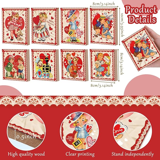 Wenqik 8 Pcs Vintage Valentine's Day Decorations Retro Valentine Wooden Sign Table Centerpiece Ornaments Farmhouse Red Heart Tiered Tray Decor for Home Tabletop Shelf Supplies, 8 Styles