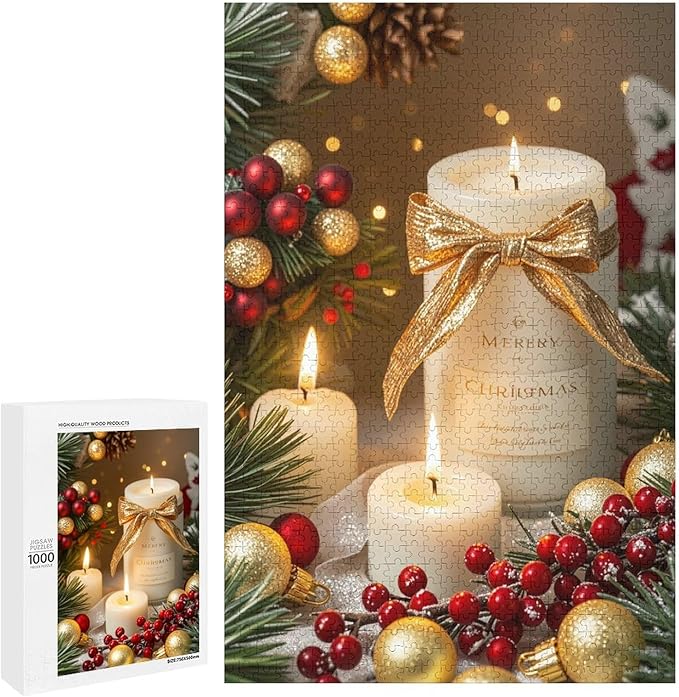 Wooden Puzzles 1000 Piece，Christmas Atmosphere Candle Light, Merry Christmas Themed Jigsaw Puzzles，Funny Puzzles，Stress Relief Games，Puzzle Games Challenge Puzzles