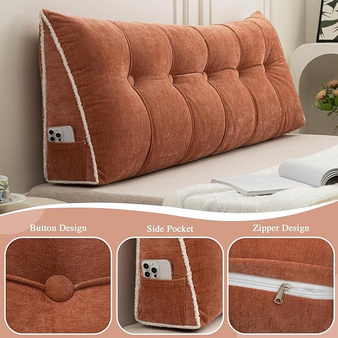 Headboard Pillow Twin, Chenille Triangular Wedge Pillow Headboard Twin Size, Reading Setting Backrest Daybed Pillows for Bed Sofa with Removable Coverr, Orange