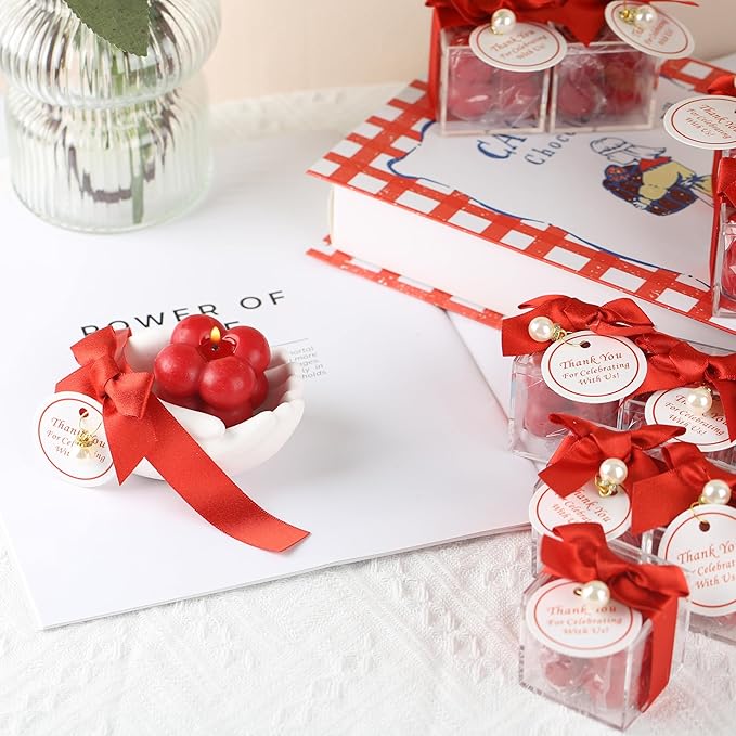 ACITHGL 30 Sets Small Bubble Candle Wedding Candles Favors for Guests Bulk Bridal Shower Favors Candles with Stylish Ribbons Thank You Cards Gifts (Shimmering Red)