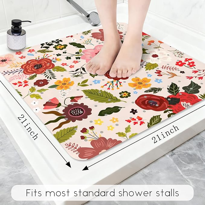 Bathtub Mat Non Slip, Flower Square Bath tub Mat Shower Floor Mat with Suction Cups for Adults Kids Elderly 21 X 21 Inch
