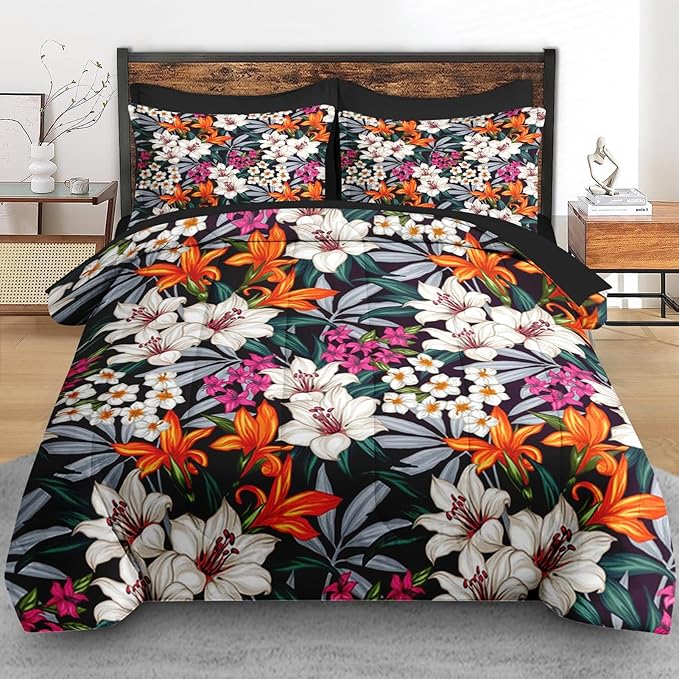 Comforter Set Full Size, Lilies Orange Pink Flowers 7 Pcs Bedding for Kids and Adults, Floral Blossom Hawaii Bed Sheet Sets with Fitted Sheet 2 Pillowcases & 2 Shams for Bedroom Bed Decor