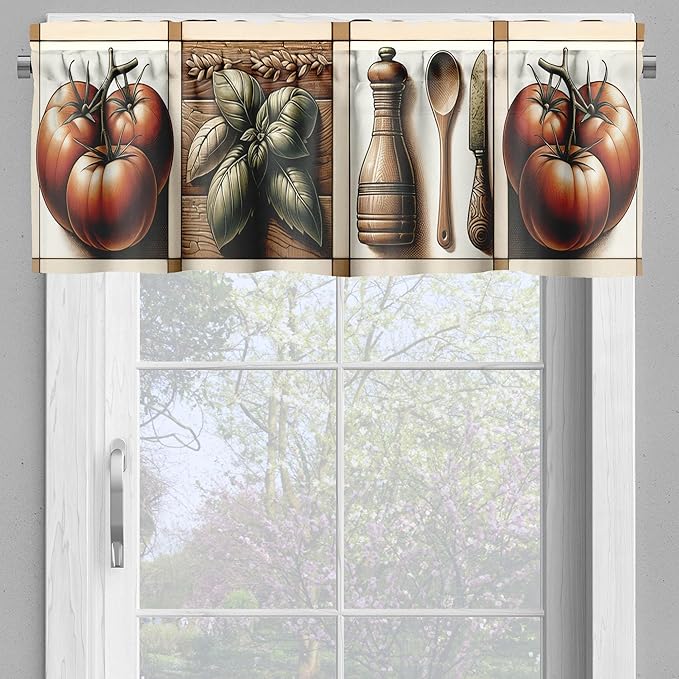 Ambesonne Vintage Valance & Tier Curtain 3 pcs Set, Tomato Checkered Gingham Squares Food Art Leaf Details Cozy Cottagecore, Window Treatments for Kitchen Room Decor, 55" x 45", Paprika Rust and Green