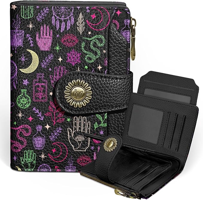 Goth Gothic Small Wallet Women RFID Blocking Bifold, Credit Card Holder, Zipper Coin Pocket, PU Leather, Magic Witchy, Compact, Travel, 4 ID Window, 14 Card Slots, Cash Purse, Ladies Woman