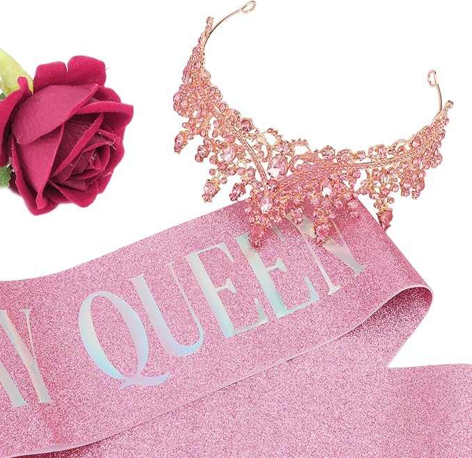 COCIDE Pink Birthday Queen Sash for Women Happy Birthday Crowns Princess Tiaras Sashes for Girl Crystal Party Decorations Rhinestone Headband Supplies Decor