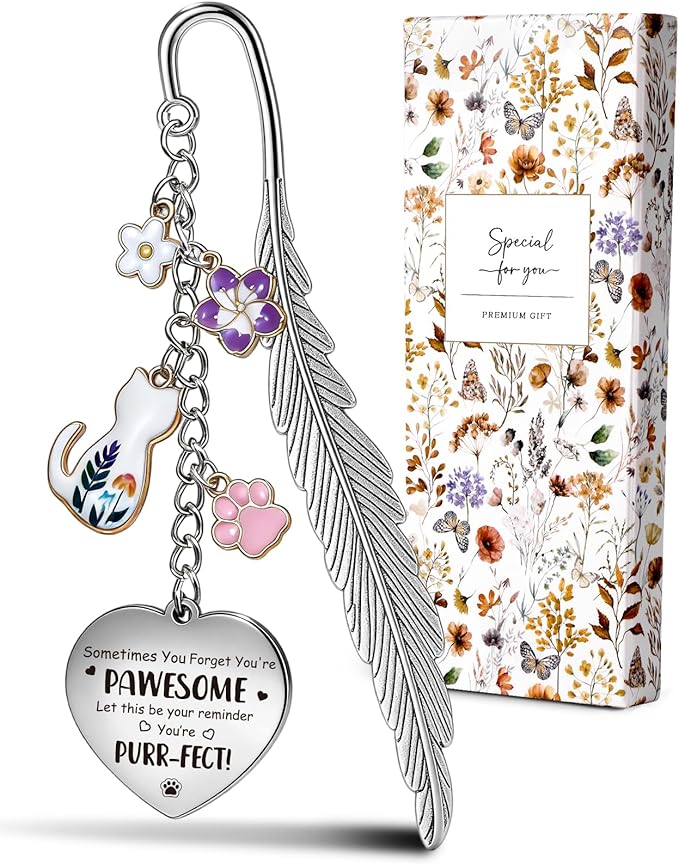 Buleens Bookmarks for Women Reading - Book Marks for Readers Book Lovers, Cute Feather Cat Paw Flower Personalized Metal Bookmark with Pendants, Pretty and Aesthetic Book Accessories Reading Gifts