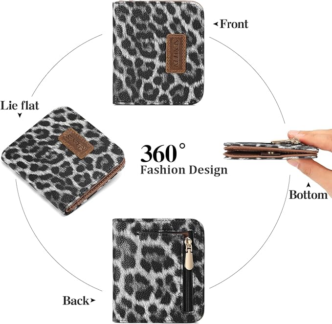 SENDEFN Slim Wallet for Women Bifold Small Leather Zipper Pocket Wallet, RFID Blocking Card Holder with ID Window