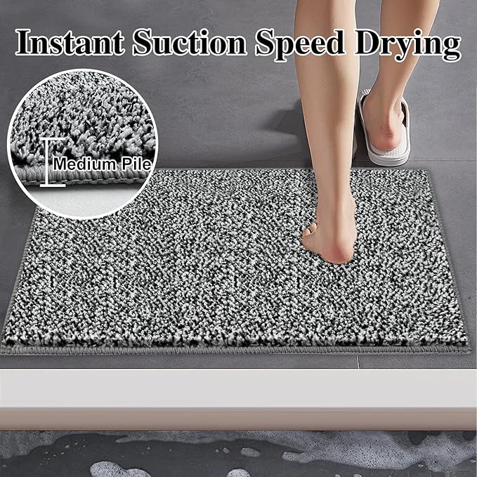 HDFK Bathroom Rugs | Non Slip Washable Bath Mats 30x20 Inches 2 Tone Chenille Medium Pile Floor Mat | Water Absorbent Grey and White Decor | Shower Rug for Shower Wet Dry Zone & Home