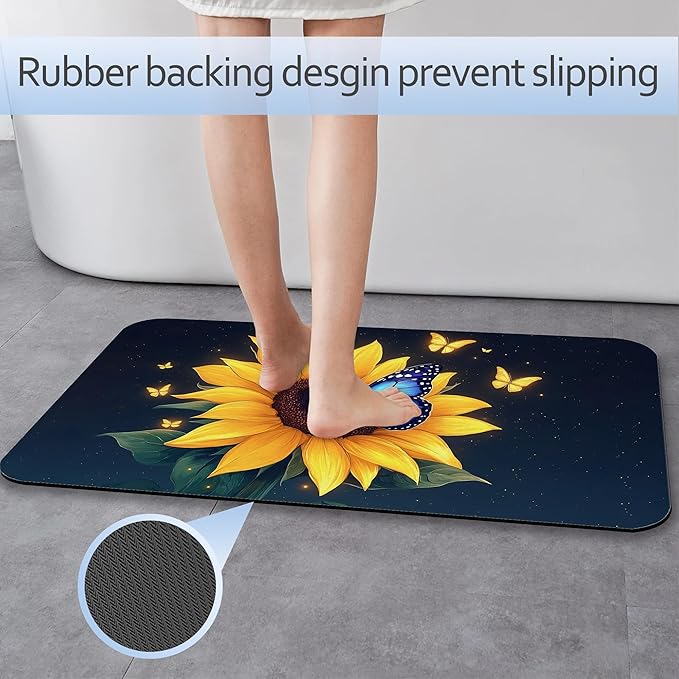 Sunflowers in The Night Sky Bath Mat 29.5"x17"Butterflies Slim Low-Profile Fast Drying Super Absorbent Bathroom Rug with Non-Slip Backing, Easy-Clean Modern Floor Mat for Tub, Shower, or Entryway