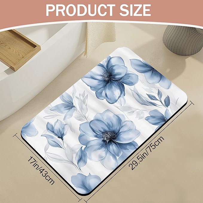 Bath Mat,Blue Gray Watercolor Floral Bathroom Rugs,Quick-Drying Non-Slip Rubber Bath Mats Absorbent Diatomaceous Earth Mat for Bathroom Home Decor 17"x29.5"