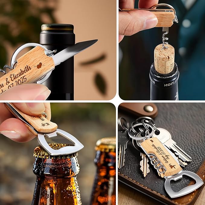 10PCS Personalized Wooden Multifunctional Bottle Opener, Customized Favors Gifts for Wedding Birthday Party, Engraved Bottle Opener Keychains for Guest