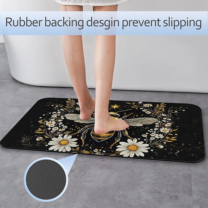 Vintage Bee Flowers Bathroom Rug 29.5"x17", Super Absorbent Fast Drying Bath Mat with Non-Slip Rubber Backing, Thin Low-Profile Easy-Clean Bathroom Floor Mat for Shower or Tub