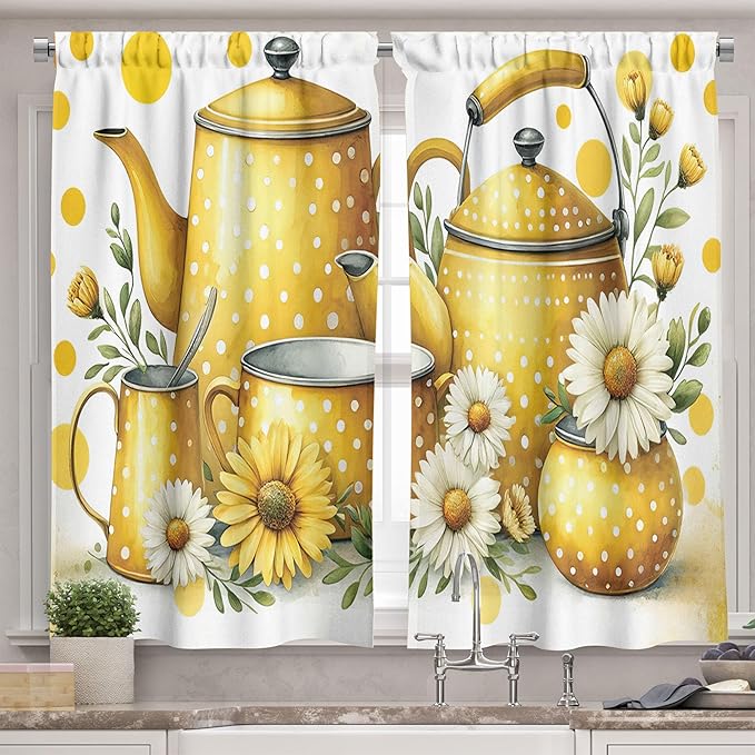 Ambesonne Eat Drink Laugh Valance & Tier Curtain 3 pcs Set, Vintage Summer Themed Print of Tea Pots Mugs and Cups Daisies, Window Treatments for Kitchen Room Decor, 55" x 30", Mustard and Hunter Green
