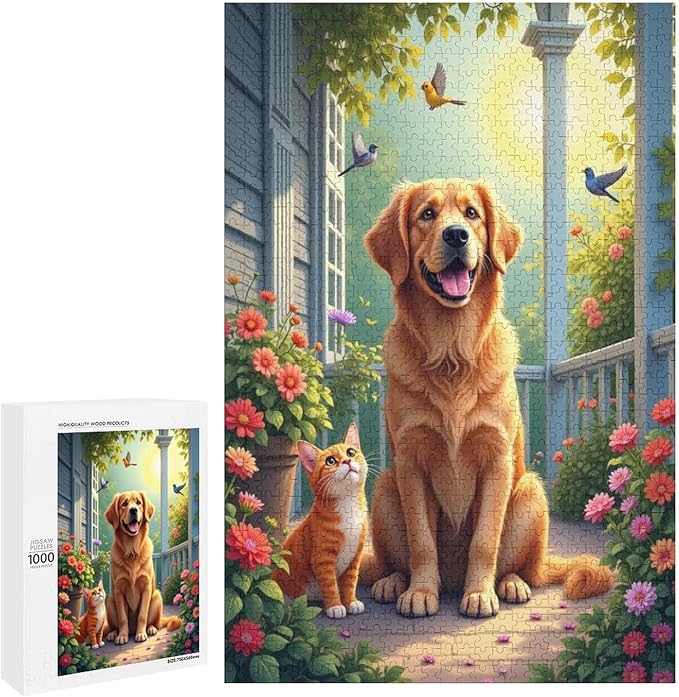Wooden Puzzle - Garden Golden Retriever Jigsaw Puzzles，Wooden Puzzles for Adults 1000 Pieces Challenge Puzzles，Educational Games，Family Puzzles，Unique Gifts for Wall Art