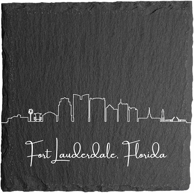 Blue Ridge Mountain Gifts - Fort Lauderdale FL Skyline Coasters, Fort Lauderdale Florida Souvenir, Slate Coasters with Minimalist Skyline, Housewarming Gift for Friends, Family, & Neighbors
