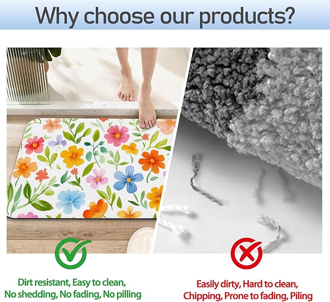 Retro Funky Floral Fast Drying Absorbent Bathroom Mat, Non-Slip Rubber Backing Thin Low-Profile Bath Rug, Easy-Clean Bathroom Floor Mat for Shower, Bathtub, Kitchen, or Entryway