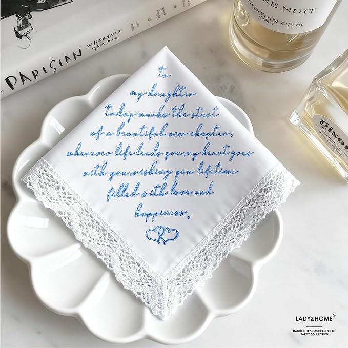 LADY&HOME Something Blue Embroidered Wedding Handkerchief - Mom,Dad,Daughter,Lace Bridal Hankies Wedding Gifts