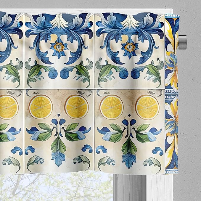 Ambesonne Mediterranean Valance & Tier Curtain 3 pcs Set, Lemons Classic Mosaic Motifs Traditional Italian Portuguese Summer, Window Treatments for Kitchen Room Decor, 55" x 30", Blue Yellow and Green