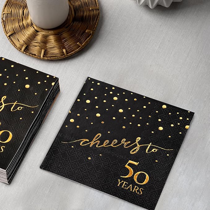 100 Pack of 50th Birthday Napkins, Cheers to 50 Cocktail 5x5 Inches Party Paper Napkins for Birthday Decorations Wedding Anniversary Black and Gold, 3-Ply