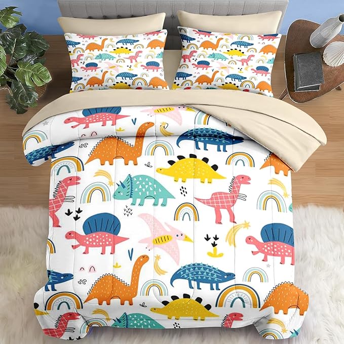 Comforter Set Full Size, Wildlife Baby Dino 7 Pcs Bedding for Kids and Adults, Dinosaur Nursery Rainbow Bed Sheet Sets with Fitted Sheet 2 Pillowcases & 2 Shams for Bedroom Bed Decor