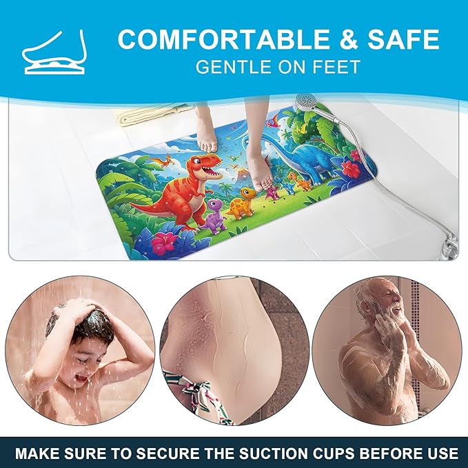 XIYUNTE Baby Bath Mat for Tub Non Slip Kids Bath Mat - 40''x16'' Extra Long Cartoon Bathtub Mat Non Slip Kids Shower Mat Eco-Friendly Toddler Bath Mats with Suction Cups, Machine Washable, Dinosaur